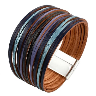 Blauw bruine PU leren armband voor dames – brede wikkel armband met magnetische sluiting