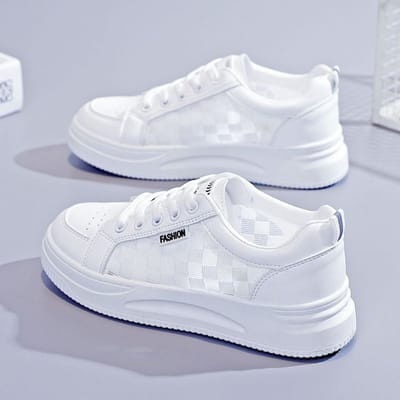 Mesh Sneakers Dames Gevulkaniseerde Schoenen Mode Witte Schoenen Ademend Holle Flats Vrouw Veters Zomer Casual Sneaker 36 white