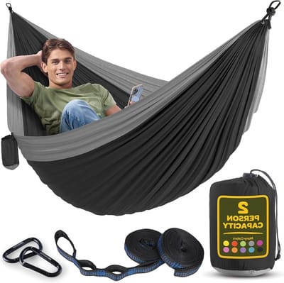 Durable Hammock - Camping Stoel - Buiten Ontspannen - 500 Pound Capaciteit - Dubbel of Enkel - Zwart en Grijs