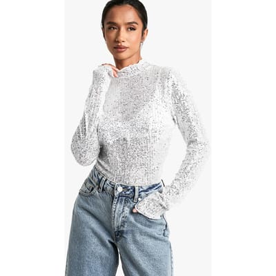 boohoo Dames Petite Pailletten Hoge Hals Lange Mouwen Top | Silver | Maat: 8