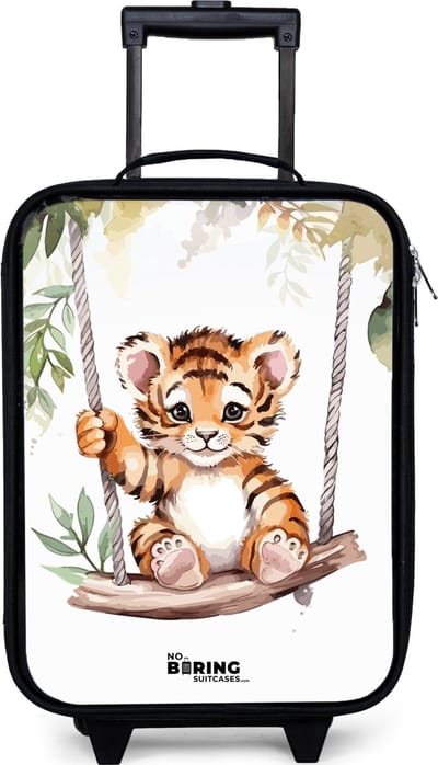 NoBoringSuitcases.com® - Kinderkoffer jongen - Kindertrolley meisje - Schommelend tijgerwelpje waterverf tekening - Koffer kind lichtgewicht - Reiskoffer trolley voor kinderen - Koffertje met lichtgevende wieltjes - Rolkoffer zwart