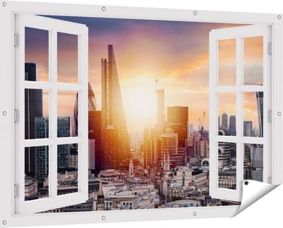 Gards Tuinposter Doorkijk Londen Stad bij Zonsopgang - 150x100 cm - Tuindoek - Tuindecoratie - Wanddecoratie buiten - Tuinschilderij