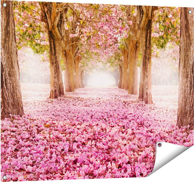 Gards Tuinposter Romantische Bomen Tunnel met Roze Anjers - 100x80 cm - Tuindoek - Tuindecoratie - Wanddecoratie buiten - Tuinschilderij