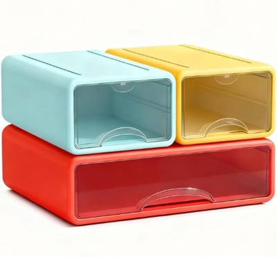 Set van 3 Kantoordezorganizers, 1 Grote en 2 Kleine Stapelbare Ladeboxen, Kleurrijke Plastic Organizer voor Kantoorbenodigdheden, Bureauaccessoires en Papeterie in Geel, Blauw en Rood
