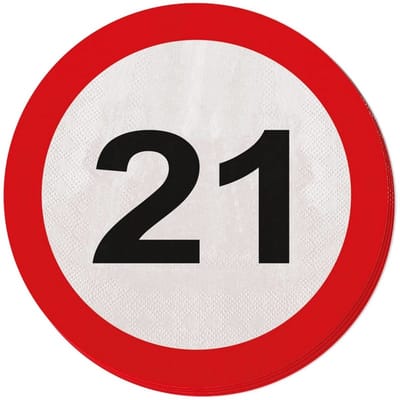 40x 21 jaar leeftijd themafeest servetten verkeersbord 33 cm rond - 21e verjaardag papieren wegwerp tafeldecoraties