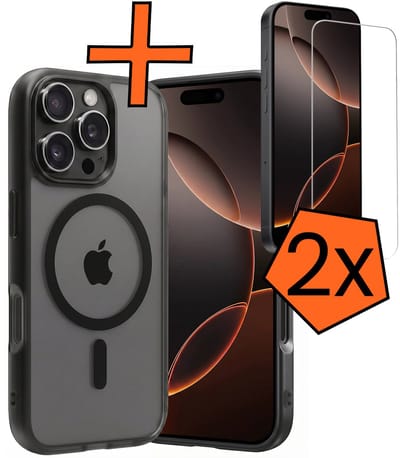 Hoes - Met 2x Screenprotector - Geschikt voor Apple iPhone 16 Pro - Magsafe Compatible - Sterk & Shockproof - Back Cover - Shock Proof Case - Telefoon Hoes - Zwart