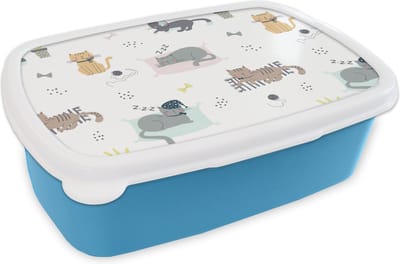 Broodtrommel Blauw - Lunchbox - Brooddoos - Katten - Huisdieren - Patronen - 18x12x6 cm - Kinderen - Jongen