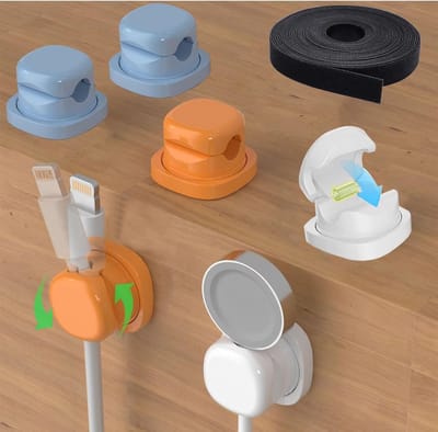 Kabelorganizerset met 6 draaibare kabelclips, kabelbinders en zelfklevende kabelhouders voor optimale kabelbeheer op bureau en muur