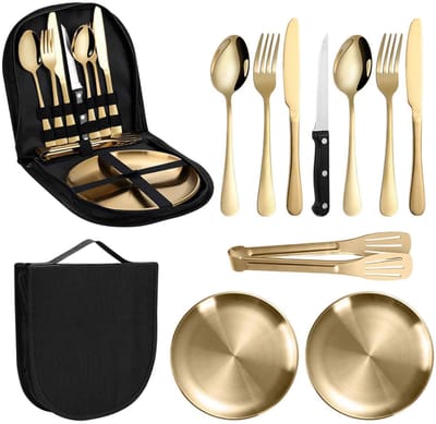 longziming -Campingbestek Set – Compact & Draagbaar met Opbergtas, Inclusief Messen, Vorken, Lepels, Borden & Broodclip – Ideaal voor Kamperen, Picknicken & Outdoor