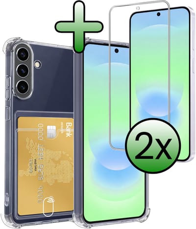 Hoesje Geschikt voor Samsung Galaxy A37 - Met 2x Screenprotector - Pashouder - Kaarthouder - Telefoon Hoes Shockproof - Siliconen Case - Back Cover - Shock Proof - Pasjes Houder - Transparant