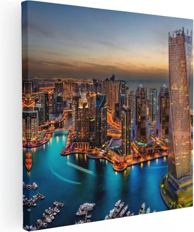 Artaza Canvas Schilderij Dubai Marina - 30x30 cm - Klein - Wanddecoratie Stad - Muurdecoratie Zonsondergang - Kamer Accessoires