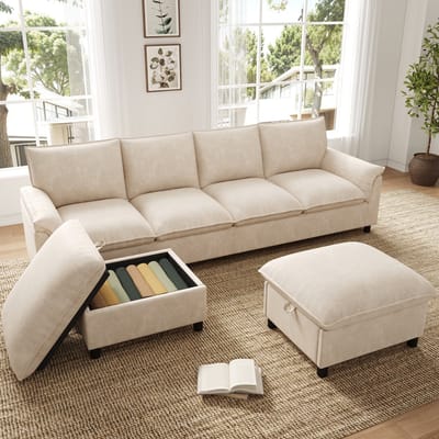 HAUSS SPOLE U-Bank - Modulaire Hoekbank - Met 2 Verplaatsbare Hockers En Opbergruimte - Diepe Zit En Hoge Rugleuning - Chenille Beige