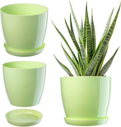 Bloempot met onderschotel - Plantenpot rond - Binnenshuis decoratie - Lichtgewicht kunststof - Ø18 cm - Lichtgroen
