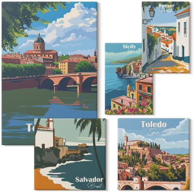 Wallfluent Set van canvas schilderijen - Europese steden met pittoreske uitzichten en landschappen Canvas Schilderijen Set - Set van 5 Canvas Schilderijen - Veelkleurig Set van Canvas Prints - Steden Canvas Kunst Set - Boheemse Canvas Kunst Set