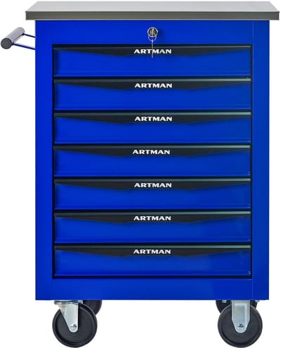 Gereedschapswagen - 7 Lades Multifunctioneel Werkplaats Trolley met Wielen en RVS Bovenblad - Staal - Zwart Blauw
