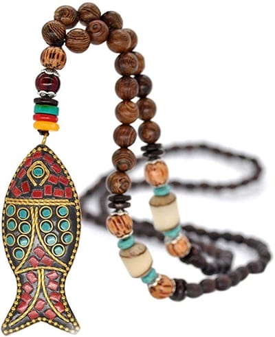 Bixorp Boeddha Boho Ketting van Hout met Vis Hanger - Houten Boeddhistische Kralenketting - 80cm