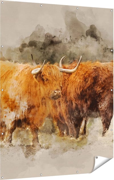 Gards Tuinposter Twee Schotse Hooglander Koeien - Abstract - 120x160 cm - Tuindoek - Tuindecoratie - Wanddecoratie buiten - Tuinschilderij