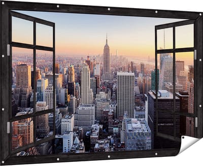 Gards Tuinposter Doorkijk New York Skyline met Wolkenkrabbers - 180x120 cm - Tuindoek - Tuindecoratie - Wanddecoratie buiten - Tuinschilderij