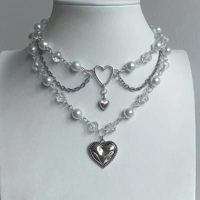 1 schattige meerlaagse choker met zilverkleurig hartje - Perfect verjaardagscadeau, trendy ketting voor dagelijks gebruik en speciale gelegenheden gray