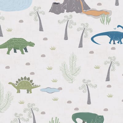 Kinderbehang Profhome 771401-GU vliesbehang glad met dinosaurussen mat crème groen grijs blauw 5,33 m2