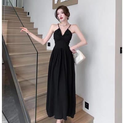 Franse Jurk met Bretels voor Dames Zomer Nieuwe Stijl Slank Rugloos Midilengte A-lijn Bloemenrok XL black