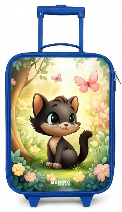 NoBoringSuitcases.com® - Kinderkoffer blauw - Kindertrolley jongen - Kat - Vlinder - Bloemen - Koffer kind lichtgewicht - Reiskoffer trolley voor kinderen - Koffertje met lichtgevende wieltjes - Rolkoffer