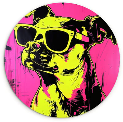 WallCircle® Wandcirkel 120x120 cm - Muurcirkel Hond - Zonnebril - Roze - Art - Muurdecoratie woonkamer - Wanddecoratie slaapkamer - Kamer decoratie accessoires - Ronde schilderijen XXL