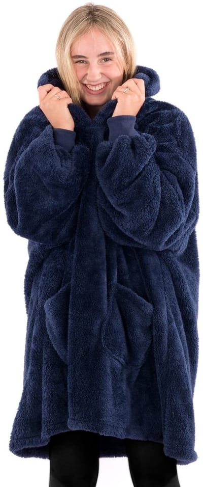 Allecto - Draagbare deken - Oversized hoodie - Comfortabel en warm - Marineblauw leigrijs - Sherpa fleece - Ideaal voor thuis en onderweg - Groot m...
