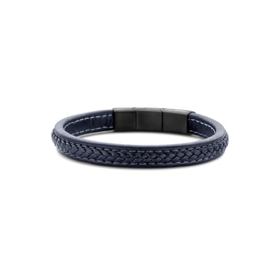 Frank 1967 7FB-0513 Heren Armband - Leder - Gevlochten - Donker Blauw - 21 cm - Blackplating