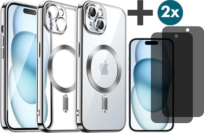 Hoesje met Privacy Screenprotectors 2 Stuks Geschikt voor iphone 15 Plus Hoesje - Geschikt voor MagSafe - Arara siliconen Backcover - Zilver