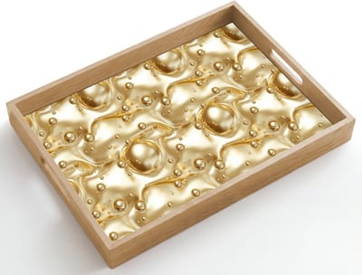 Dienblad hout 50x35 cm - Schootdienblad - Vloeibaar - Druppels - Goud - Borrelplank rechthoek - Plateau dienbladen