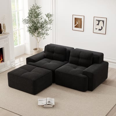 DESMIU Hoekbank 204 x 177 cm - Modulair L-Vormig Met Diepe Zit En Voetenbank - Voor Woonkamer En Ontspanning - Corduroy Zwart