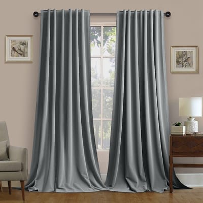 MUPOO Hotelkwaliteit Luxe Velours verduisterend Gordijnen Kant en Klaar 2 Stuks -Zware kwaliteit 260 GSM-Isolerend & tegen kou -Tochtwerend - 3-in-1 ophangsysteem-Woonkamer &Slaapkamer - Grijs - 132x213 cm