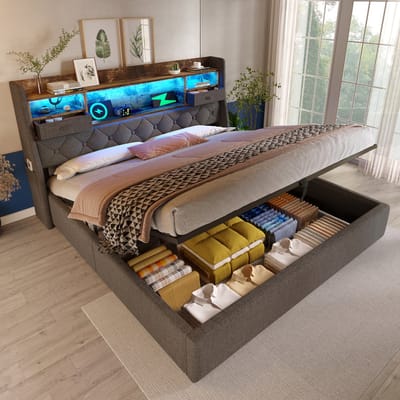 Gestoffeerd bed van 180x200 cm met hydraulische opbergruimte en LED-hoofdbord, 4 oplaadstations (USB/Type-C), tweepersoonsbed inclusief lattenbodem, grijze linnen stof (matras niet inbegrepen)