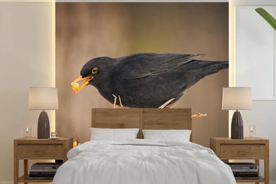 Behang - Fotobehang Vogel - Merel - Winter - IJs - Bes - Breedte 280 cm x hoogte 280 cm