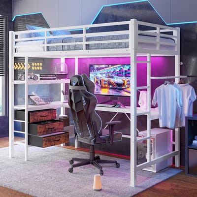 Komhtom Hoogslaper, 90*200 cm, met ledlampen, bureau, stopcontact + USB, 3 lades, planken, veiligheidshek, trap, zonder matras, wit