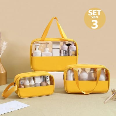 CenZ® Toilettas, Make Up Tasje, Transparant, Toilettassen, Make Up Koffer, SET van 3, Beautycase, Make Up Organizer, Make Up Tas, Reistas, Toilettas Dames, Etui, Beautycase Koffer, Cosmetica Tas, Verjaardag, Moederdag, Valentijnsdag, Cadeautje, GEEL