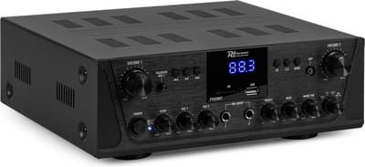Versterker met Bluetooth - Power Dynamics PV220BT - 2-zone versterker met radio & mp3 speler - 2x 100W - Zwart