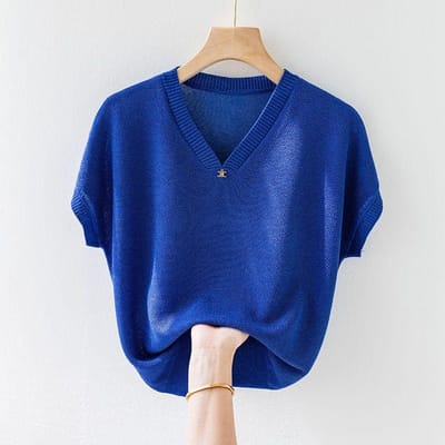 T-shirt d'été à manches courtes pour femmes, Coupe ample, Oversize, Haut fin, Pull tricot de base S bleu