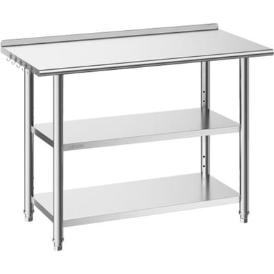 VEVOR Gasto werktafel 1219x610x864 mm, roestvrijstalen tafel met 3 niveaus, opstaande rand en in hoogte verstelbare schappen. Draagvermogen: blad 245 kg en 2 onderste schappen 204 kg elk. Voorbereidingstafel voor restaurants.