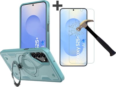 Hoesje Geschikt voor Samsung Galaxy S25 Plus met gehard glas Screenprotector - Armor hoes met Ringhouder - Arara backcover - Lake Blauw