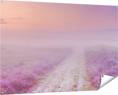 Gards Tuinposter Pad in de Weide tijdens de Mist - 150x100 cm - Tuindoek - Tuindecoratie - Wanddecoratie buiten - Tuinschilderij