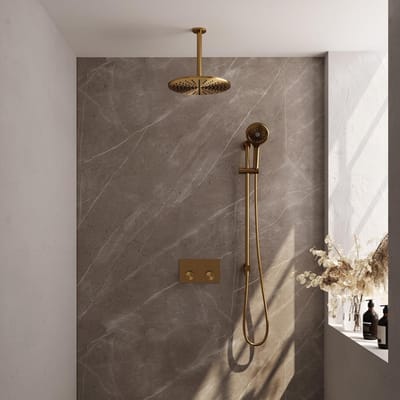 Brauer Gold Carving Thermostatische Regendoucheset Inbouw - Hoofddouche 30 cm - Met Drukknoppen - Handdouche 3 Standen - Doucheslang - Geintegreerde Glijstang - Geborsteld Goud