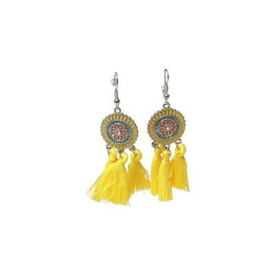 Aramat Jewels | Oorbellen | Zomerse Boho Oorhangers Kwastjes Geel 75mm | | | |21mm | Staal | Volwassenen | Verkleurd niet