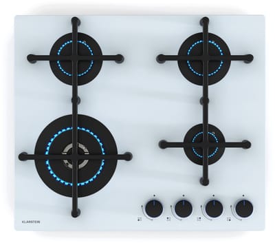 Klarstein Illuminosa 4 Gaskookplaat - 4 Sabaf-branders, 4 kW wokbrander, Gehard glas, Elektrische ontsteking, Gasfornuis compatibel, Verbeterde kookprestatie, Wit, 59.1x13x51 cm