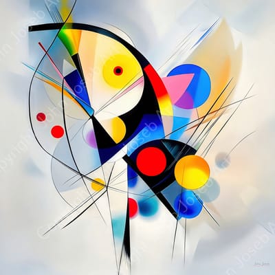 John Joseb Art (Aluminium) 100x100 | Abstract geometrisch in Kandinsky stijl, vierkant, kleurrijk, felle kleuren, kunst | rood, geel, blauw, grijs, modern | foto-schilderij op dibond, metaal wanddecoratie