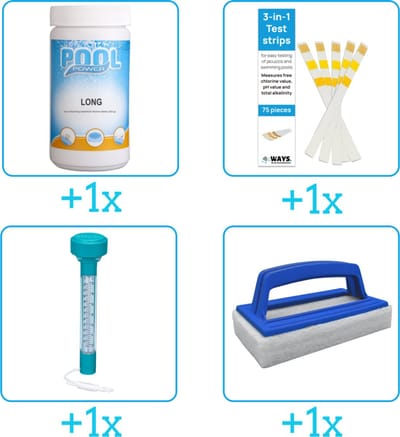 Zwembad Onderhoudspakket - Onderhoud Zwembad - bevat Chloor - Testrips - Thermometer en Scrubborstel (4-delig)