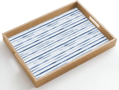 Dienblad hout 50x35 cm - Schootdienblad - Strepen - Patroon - Blauw - Wit - Borrelplank rechthoek - Plateau dienbladen