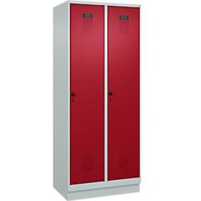 C+P Evolo Plus garderobekast, 2 vakken, 400 mm vakbreedte, met plint, rechts scharnierend, B 800 x D 500 x H 1950 mm, draaigrendel, lichtgrijs/ruy rood