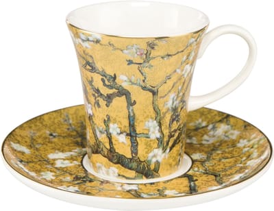 Goebel - Vincent van Gogh | Kop en schotel Espresso Amandelboom goud | Porselein - 12cm - 100ml - met echt goud - 2 stuks